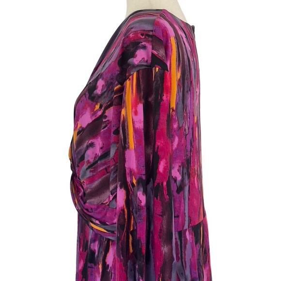 MAGGY LONDON TWIST FRONT ASYMMETRIC HEM MIDI DRESS IN BERRY MULTI NWT SIZE 14W - Picture 7 of 16